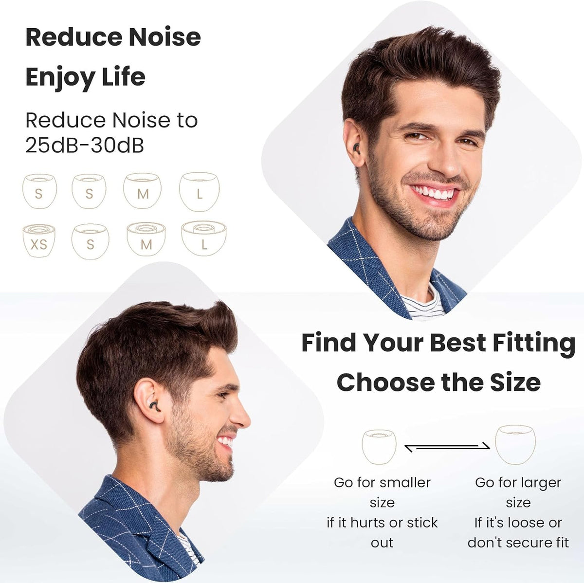 JUSTRVN Ear Plugs for Sleeping, 2 Pairs of Reusable Earplugs for Noise Reduction 25dB-30dB with 8 Ear Tips, Soft Hearing Protection Ear Plugs for Concert,Noise Sensitivity, Study & Work, Black