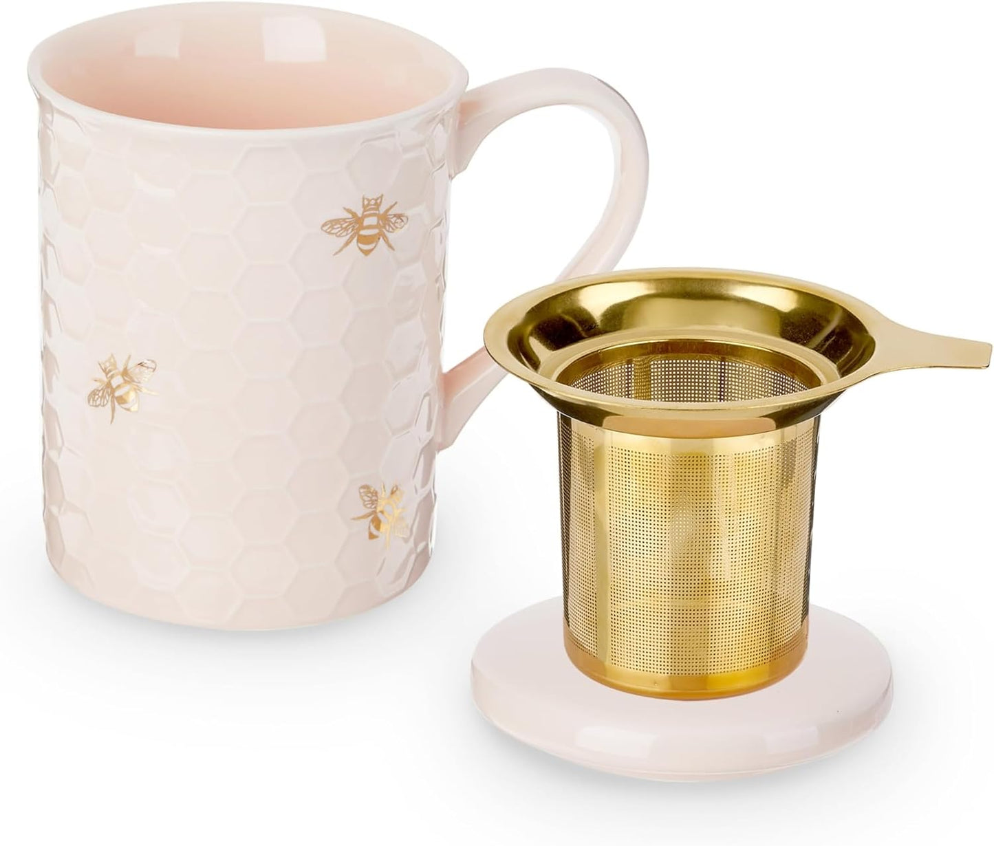 Pinky Up Annette Ceramic Tea Cup with Infuser and Lid, Travel Mug for Loose Leaf Teas, Home Office, Camping, Picnic Party, 12 oz, Set of 1, Honeycomb