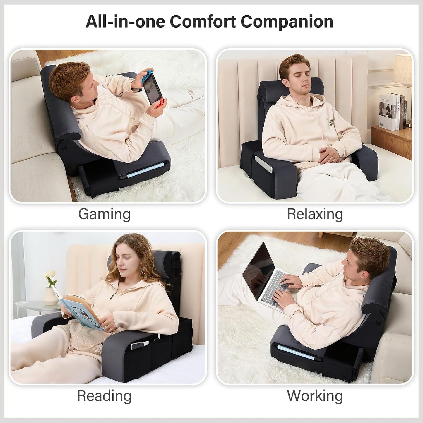 Vekkia 21" Reading Pillow for Bed with Adjustable Arms and XL Side Pockets | 60° Wedge Back Support, Washable Cover, Support Chair for TV, Gaming, Working, Nursing, Recovery in Bed & Floor, Black/Gray