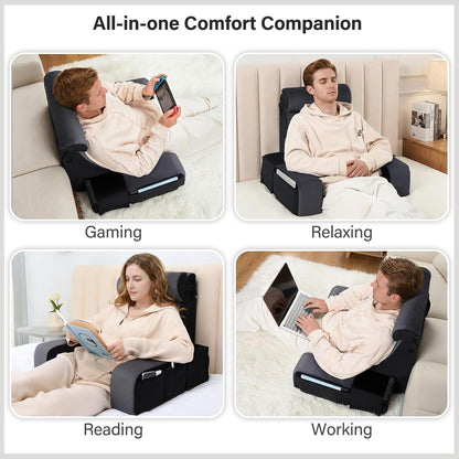 Vekkia 21" Reading Pillow for Bed with Adjustable Arms and XL Side Pockets | 60° Wedge Back Support, Washable Cover, Support Chair for TV, Gaming, Working, Nursing, Recovery in Bed & Floor, Black/Gray