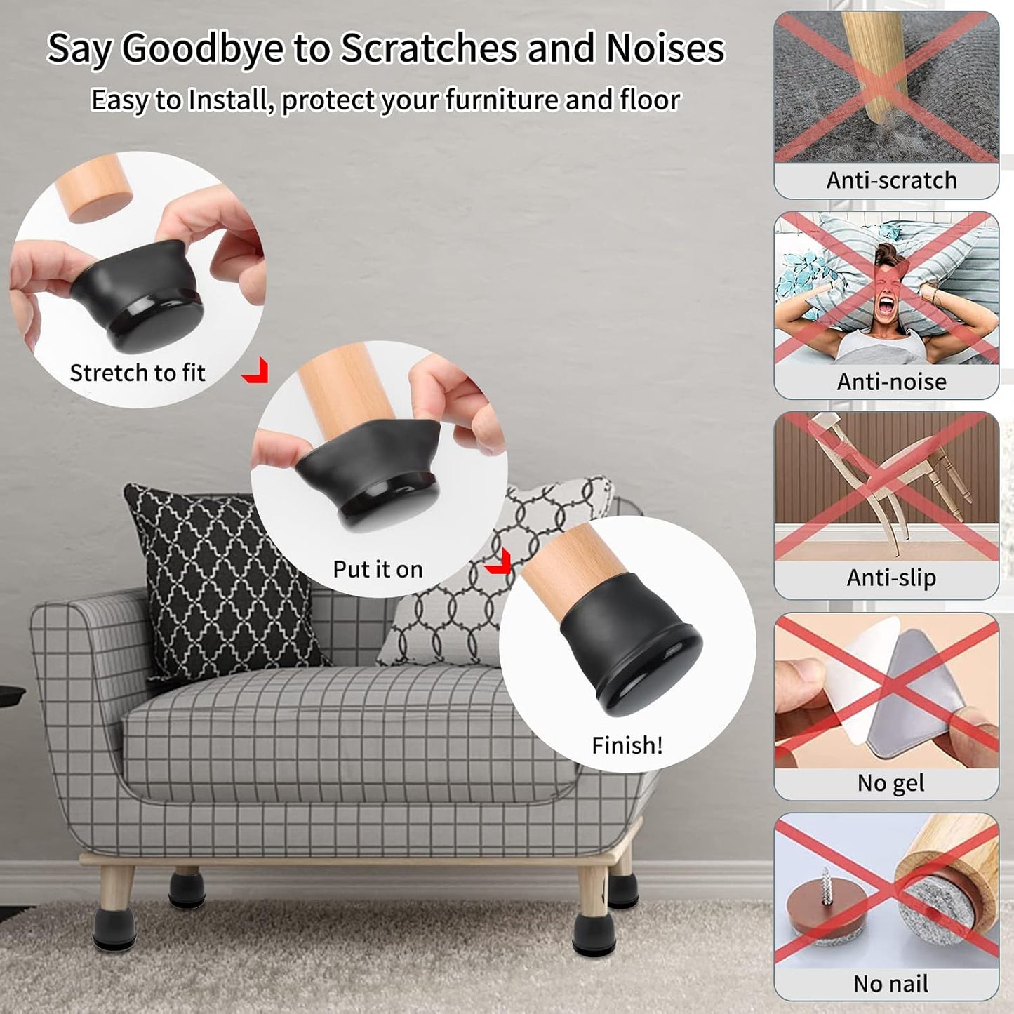 Ezprotekt Chair Leg Sliders for Carpet, 24 Pcs Square Chair Glides for Carpet, Carpet Furniture Pads Stool Leg Protectors Caps, Carpet Furniture Glides Quickly and Easily (L Fit:1" - 1.4")