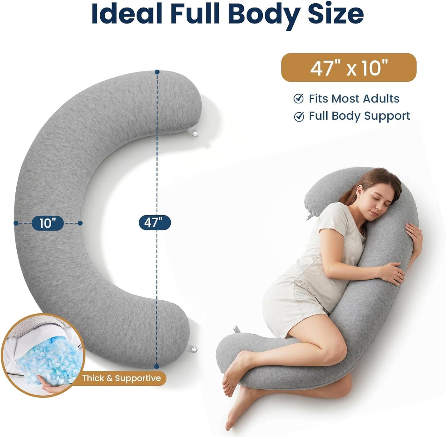 TranquilRelax C Shaped Body Pillow for Side Sleepers, Memory Foam Long Pillow for Leg, Hip & Back Support, Soft Washable Cover,Grey-47"*10"