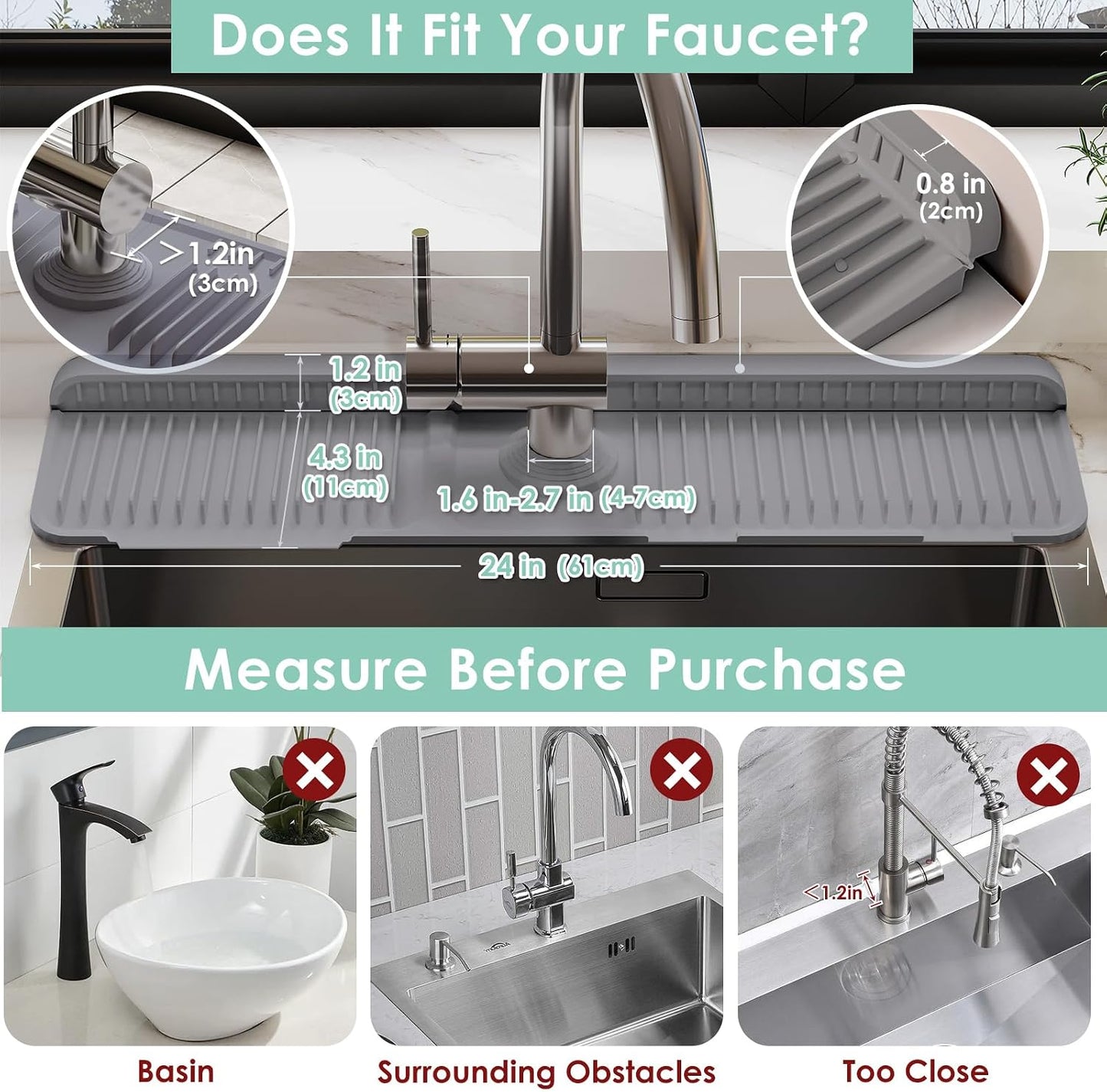 24-Inch Silicone Faucet Mat for Kitchen Sink Splash Guard, 7° Slope | 24"x5.5" water draining mat with fasten button; 1.6-2.75" customizable hole for bathroom, RV & kitchen sink drip catcher.