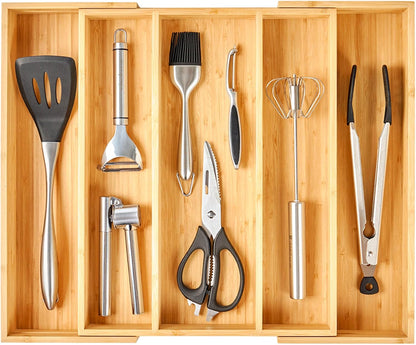 Large Expandable Kitchen Silverware Utensils Drawer Organizer, 2.5" Extra High Adjustable Drawer Divider with Curved Grooves, Bamboo Wood Cutlery Tray Flatware Holder