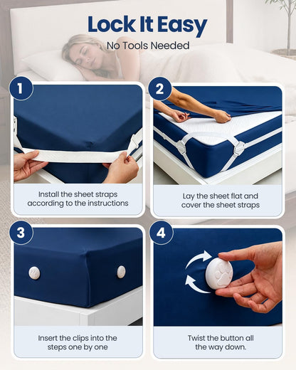Bed Sheet Holders for Corners: 10 Clips with Side-Edge Locks (Not Just 4 Corners), One-Piece Bed Sheet Straps, No Metal & Anti-Slip, Heavy Duty Fitted Sheet Holder (Twin＆Full Style: 5-8in)