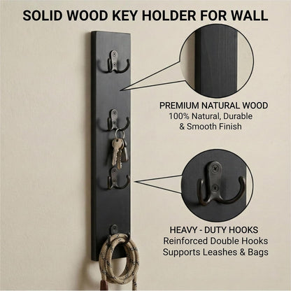 Vertical Key Holder for Wall & Dog Leash Holder – Solid Wood Wall Mount Key Rack with 8 Hooks – Small Space Saving Entryway Organizer for Keys, Lanyards, Masks (Adhesive or Screws) (White)