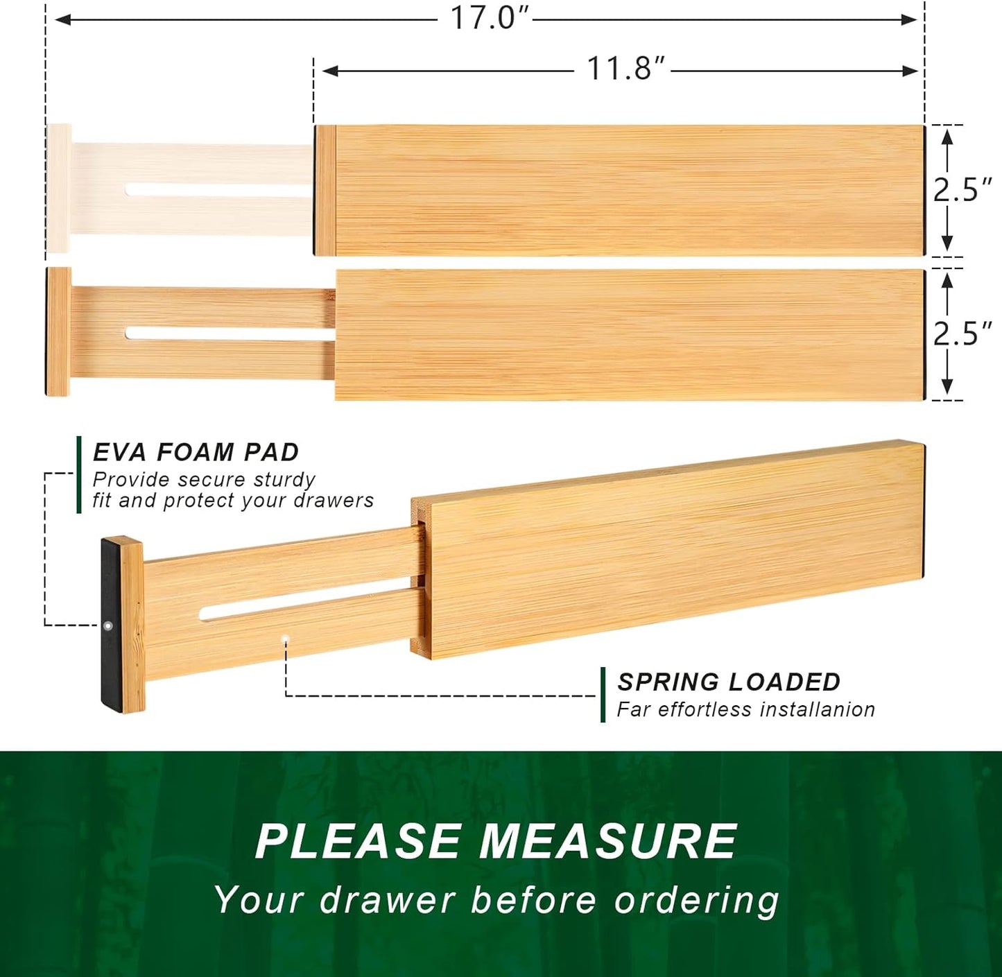 4 Pack Bamboo Drawer Dividers Organizer with Inserts 2.6'' High | Expandable from 12.5-21.7", Adjustable Drawer Organizer Separators for Utensils, Clothing, Office, Dresser, Bedroom, (Beige)
