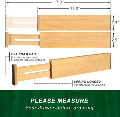4 Pack Bamboo Drawer Dividers Organizer with Inserts 2.6'' High | Expandable from 12.5-21.7", Adjustable Drawer Organizer Separators for Utensils, Clothing, Office, Dresser, Bedroom, (Beige)