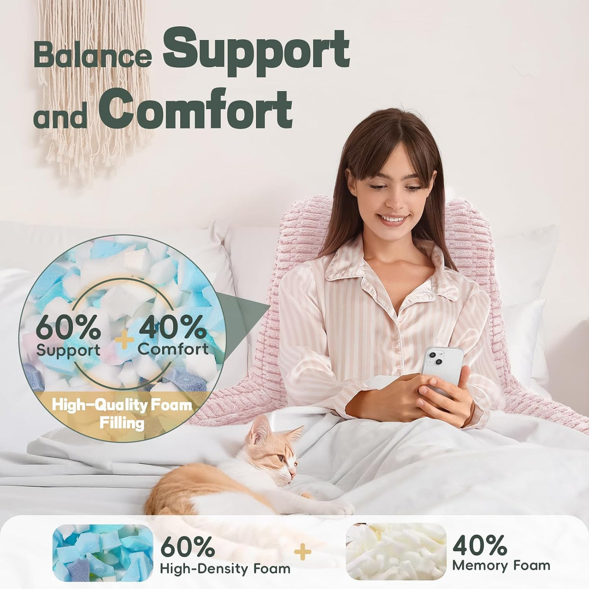 21" Higher Large Reading Pillow for Bed Adult, Back Pillow for Bed Sitting Up with Memory Foam Back Support with Arms Rest for Couch Chair Gray