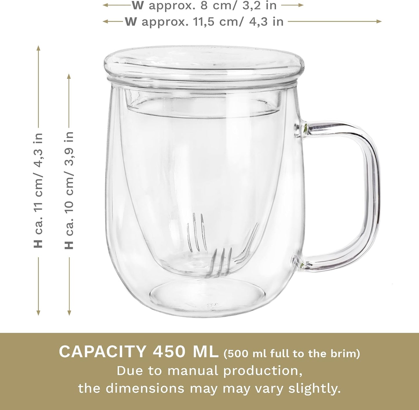 Creano Tea Glass with Infuser and Lid 400ml - Large Tea Cup - Microwave & Dishwasher Safe - Loose Leaf Tea Maker Gift Set