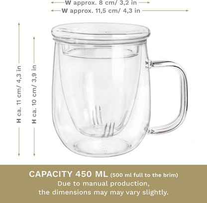 Creano Tea Glass with Infuser and Lid 400ml - Large Tea Cup - Microwave & Dishwasher Safe - Loose Leaf Tea Maker Gift Set