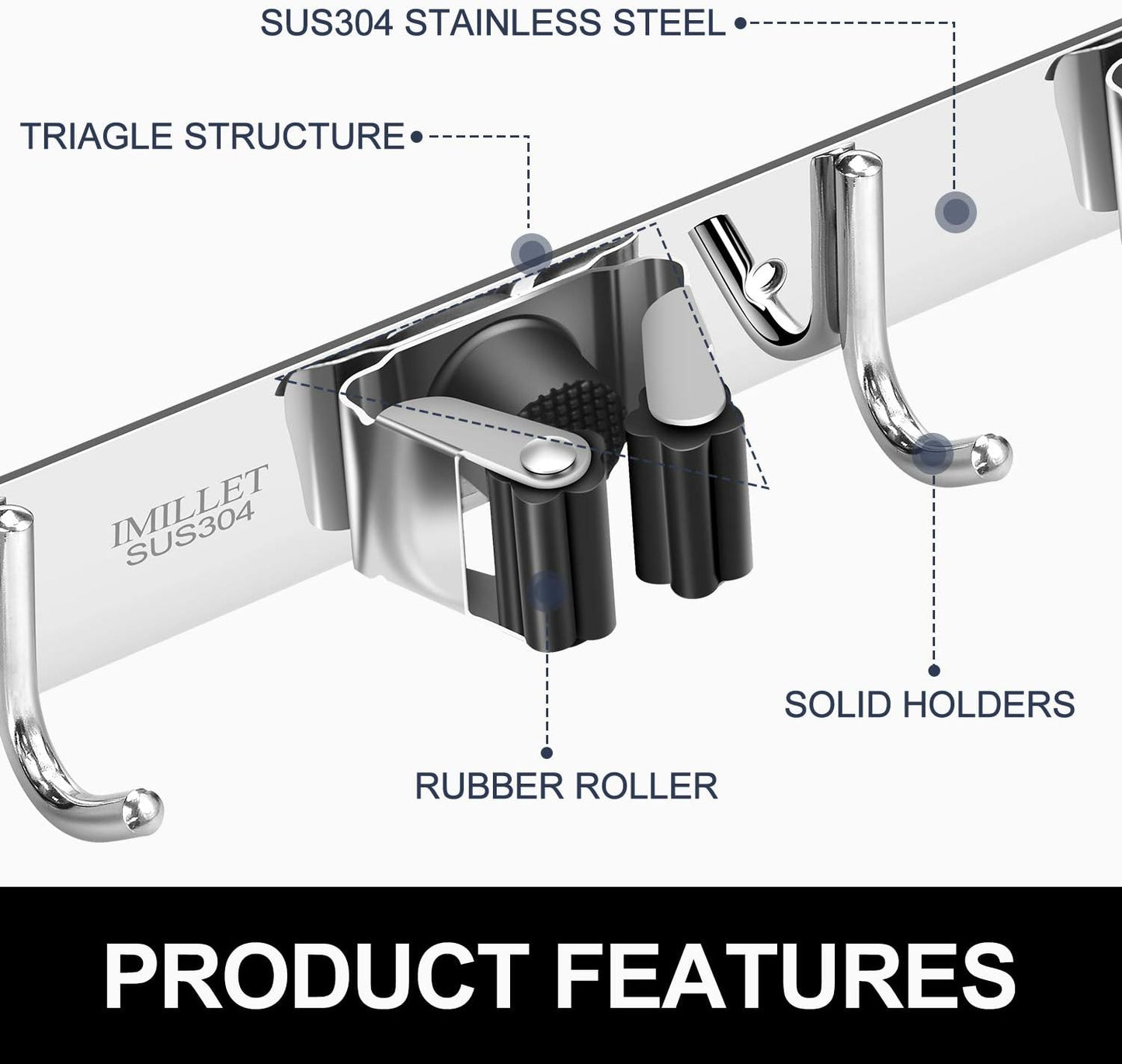 IMILLET Broom Holder Wall Mount, Heavy Duty Garage Organization Mop Hanger | Stainless Steel Broom and Mop Organizer Wall Hanging Self Adhesive for Laundry Room,Garden,Utility
