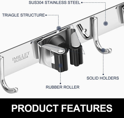 IMILLET Broom Holder Wall Mount, Heavy Duty Garage Organization Mop Hanger | Stainless Steel Broom and Mop Organizer Wall Hanging Self Adhesive for Laundry Room,Garden,Utility
