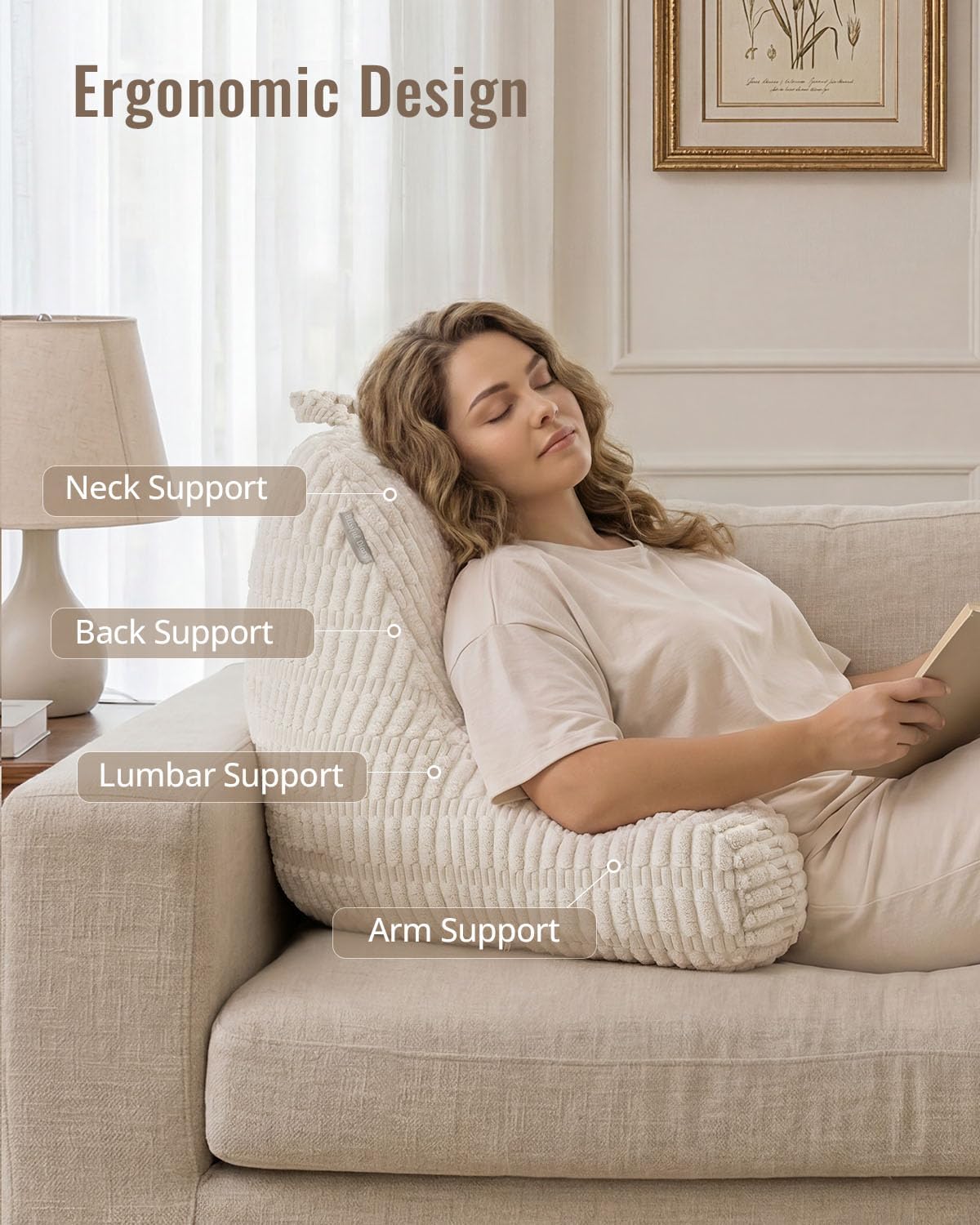 Blissful Diary Reading Pillow, Backrest Pillow with Shredded Memory Foam for Adult & Children, Designed for Bed and Couch Sitting Up, Includes Arms, Pockets and Washable Cover, Off White
