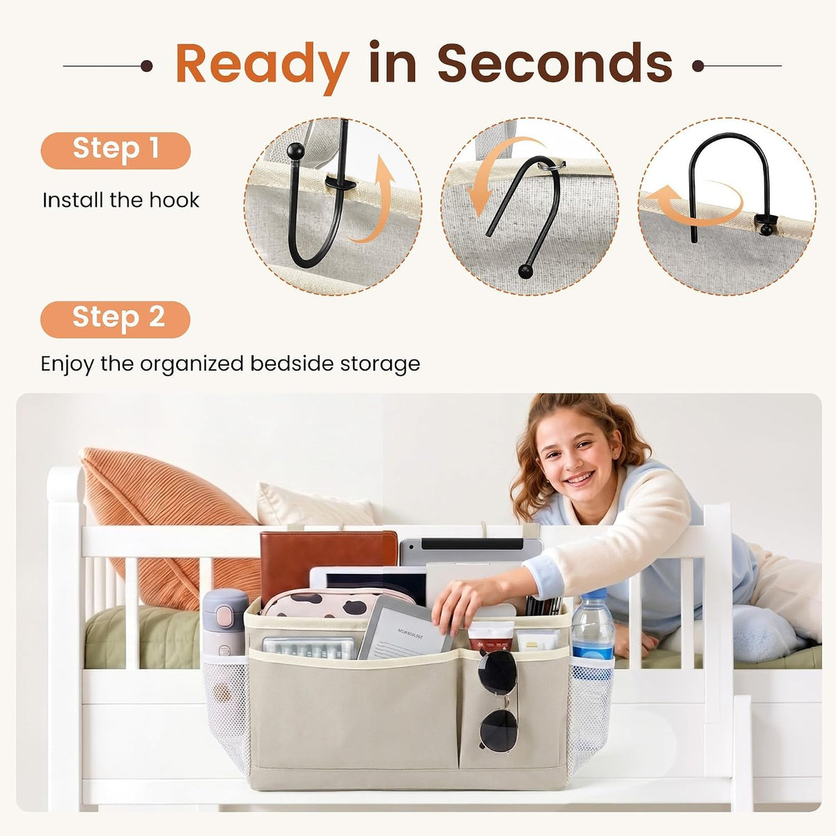 Fab totes Bedside Caddy for Dorm Bed, Bedside Storage Bag Hanging Organizer