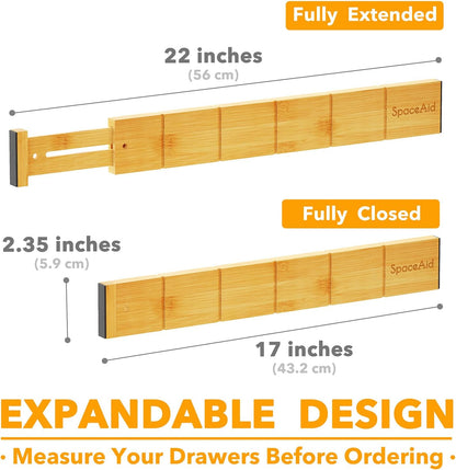 SpaceAid Bamboo Drawer Dividers with Inserts and Labels, Kitchen Adjustable Drawer Organizers, Expandable Organization for Home, Office, Dressers, 4 Dividers with 9 Inserts (17"-22" Natural)