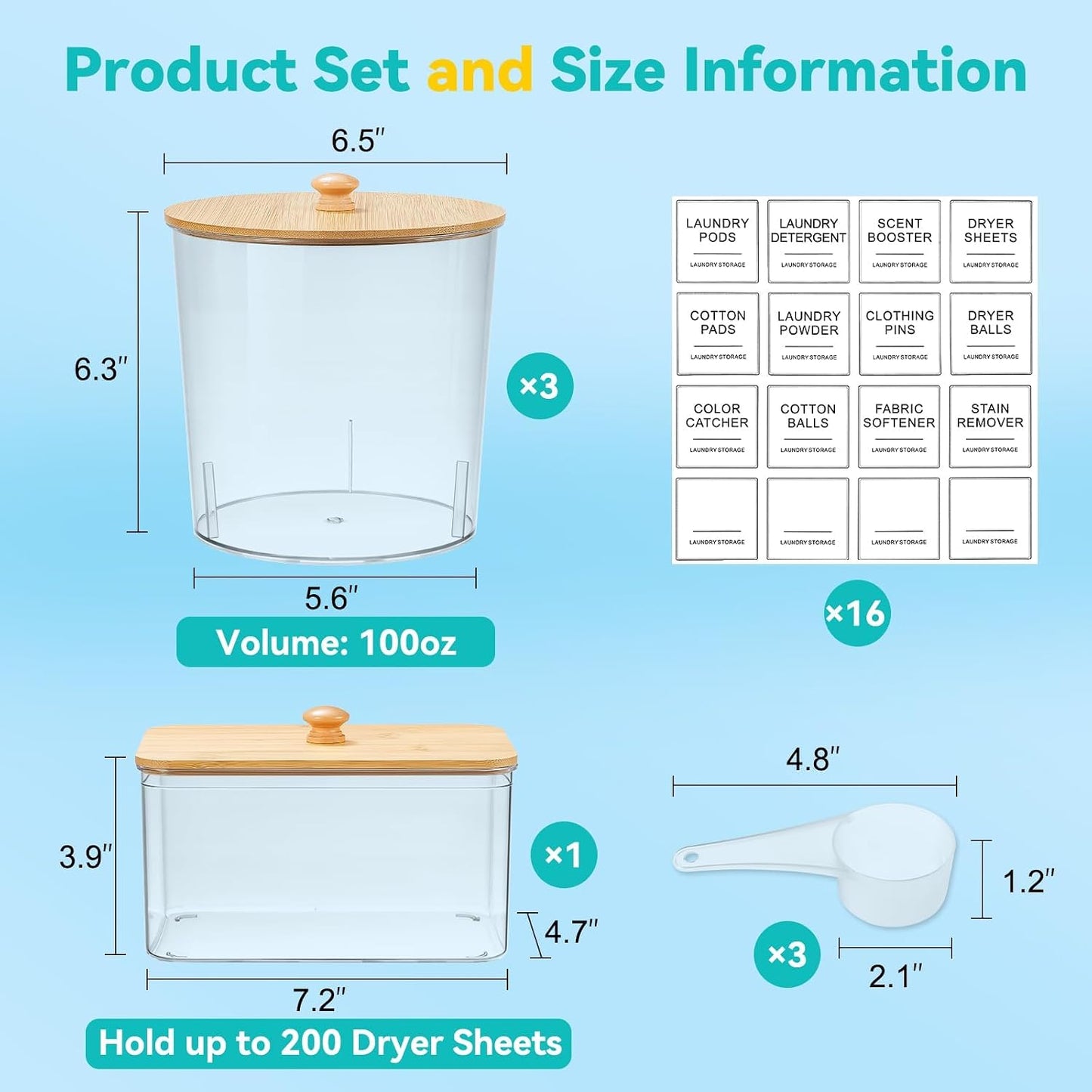 Laundry Pods Container & Dryer Sheet Holder, Laundry Room Organization and Storage Jars with Lids, Labels & Scoops for Powder Detergent Scent Booster, Black Lid