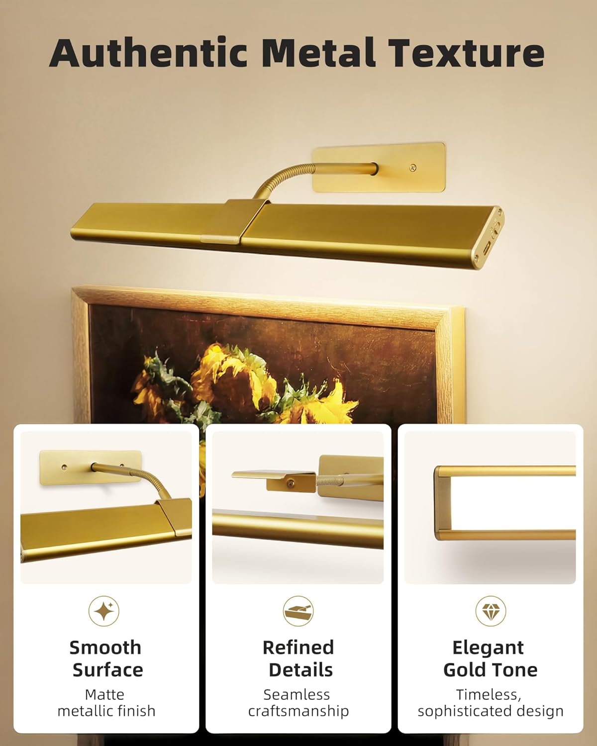 EZVALO Picture Light for Wall, 4800mAh Rechargeable Wireless Gold Light with IR Remote, Dimmable Magnetic LED Art Display Light with 3 Color Temperatures, for Gallery, Living Room, Bedroom