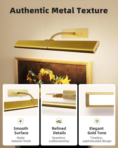 EZVALO Picture Light for Wall, 4800mAh Rechargeable Wireless Gold Light with IR Remote, Dimmable Magnetic LED Art Display Light with 3 Color Temperatures, for Gallery, Living Room, Bedroom