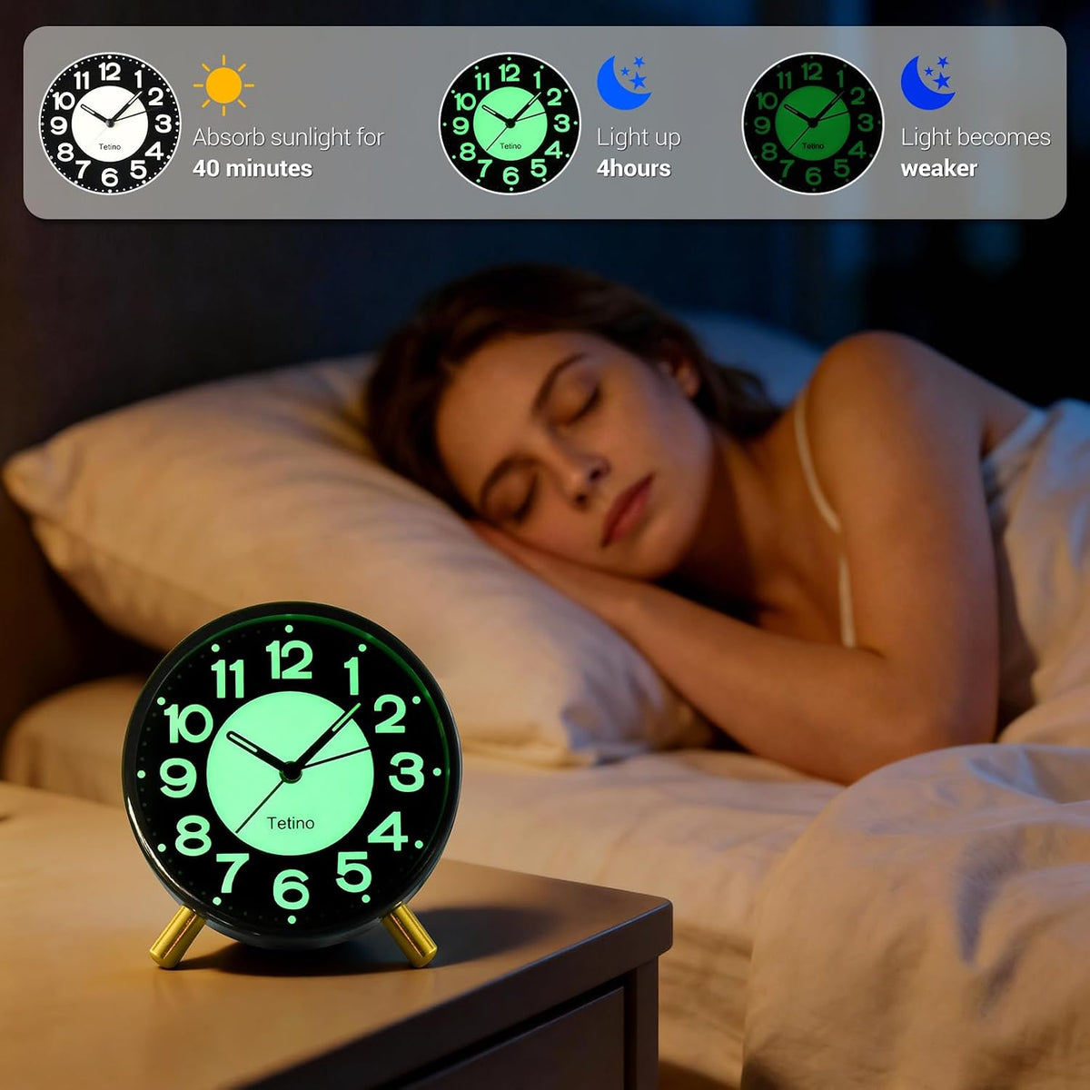 Tetino Analog Alarm Clocks,Retro Metal Desk Silent Non Ticking Small Clock with Night Light,Battery Operated,Simple Design,for Bedrooms, Bedside,Office,Home Décor (Green)
