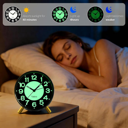 Tetino Analog Alarm Clocks,Retro Metal Desk Silent Non Ticking Small Clock with Night Light,Battery Operated,Simple Design,for Bedrooms, Bedside,Office,Home Décor (Green)