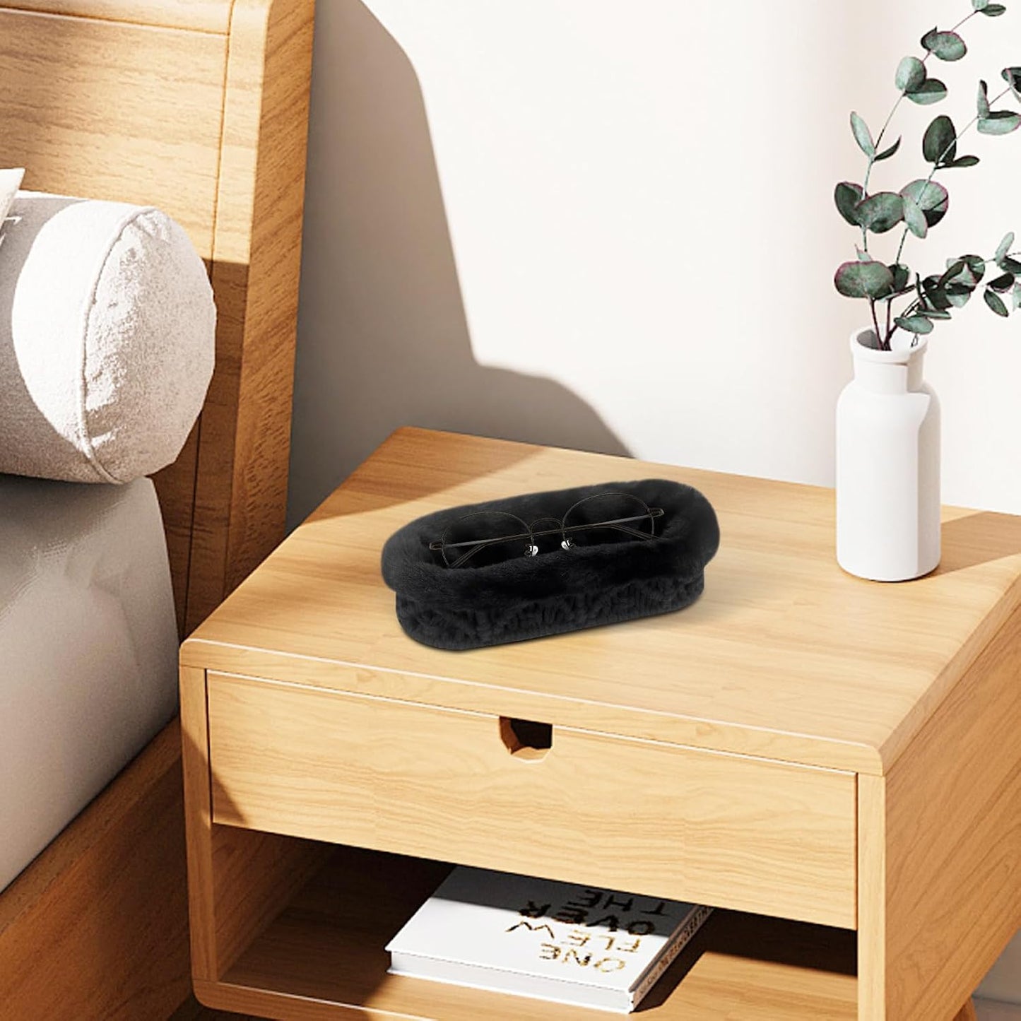 Glasses Holder, Anti-scratch Plush Lined Eyeglass Holder Stand | Oval Eye-glasses Storage Organizer Case for Nightstand, Office Desk, Bedside Table, Beige
