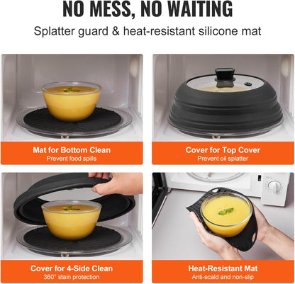 VEVOR Microwave Splatter Cover & Mat, 10.8" Collapsible Microwave Lid for Food, 500°F Heat-Resistant Silicone & Tempered Glass Splatter Guard for Plate Dish, Multi-Purpose Kitchen Gadget with Handle