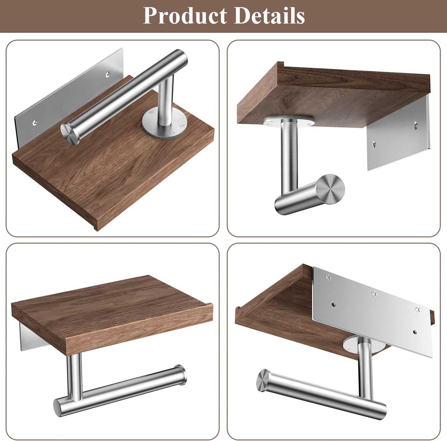 Tindbea Toilet Paper Holder with Wood Shelf, Wooden Wall Mount Tissue Paper Roll Holder, Matte Black Stainless Steel Bathroom Accessories Decor Household Home Apartment Restroom Essentials (Walnut)