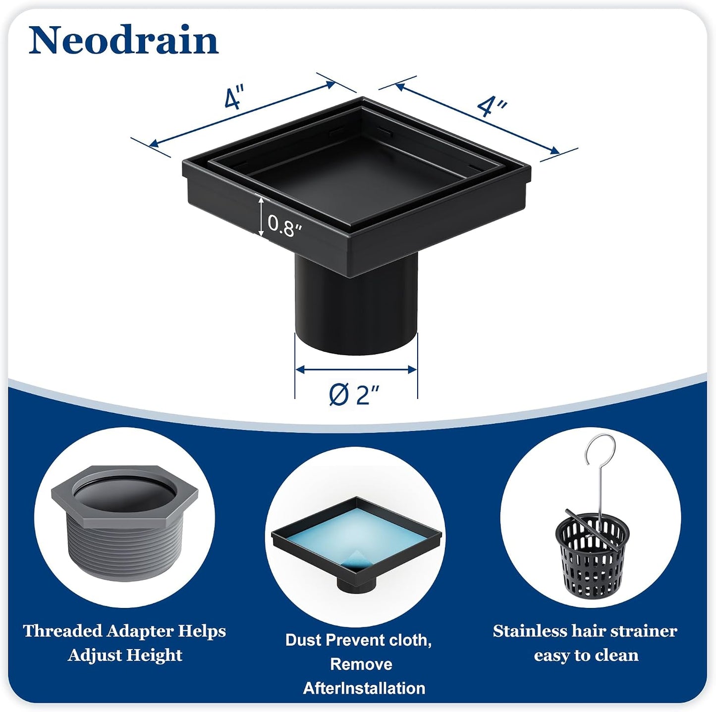 Neodrain 4" Brushed Square Shower Drain with Removable Tile Insert Grate | 304 Stainless Steel Tile Square Drain, Hidden Drain,Easy to Clean, Waterproof & Sturdy Shower Drain, CUPC Certified
