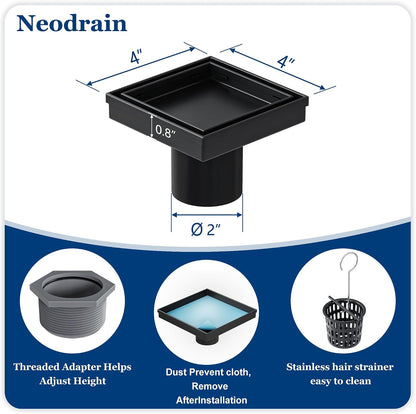 Neodrain 4" Brushed Square Shower Drain with Removable Tile Insert Grate | 304 Stainless Steel Tile Square Drain, Hidden Drain,Easy to Clean, Waterproof & Sturdy Shower Drain, CUPC Certified