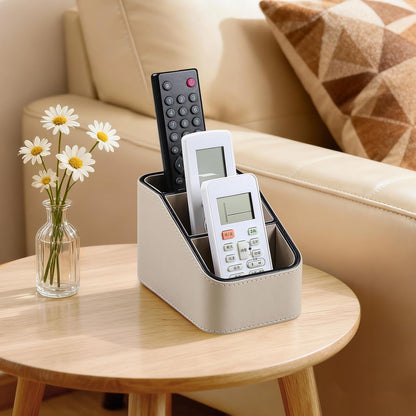 Remote Control Holder, Small Desk Organizer TV Remote Caddy, Black | PU Leather 3 Compartments Remote Holder, Remote Organizer Nightstand Organizer for Couch Bedside Living Room Office
