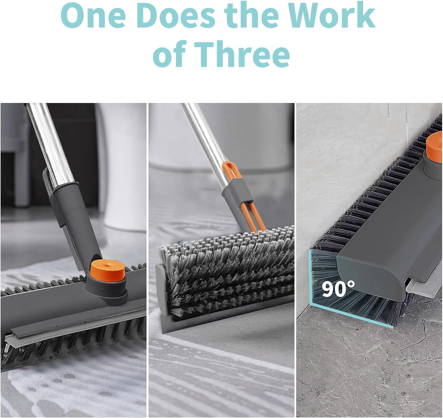 AIR U+ Floor Scrub Brush with Long Handle, 3-in-1 Rotating Head & Squeegee | Stiff Dual-Sided Bristle Scrubber for Shower, Bathroom, Kitchen and Patio, 30–50 In Handle for Easier Stand-up Cleaning