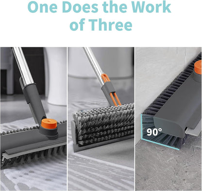 AIR U+ Floor Scrub Brush with Long Handle, 3-in-1 Rotating Head & Squeegee | Stiff Dual-Sided Bristle Scrubber for Shower, Bathroom, Kitchen and Patio, 30–50 In Handle for Easier Stand-up Cleaning