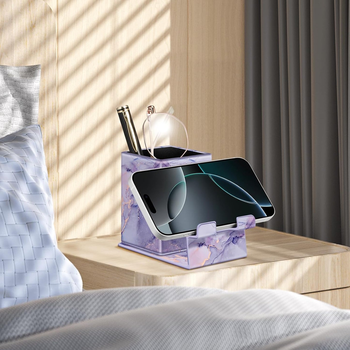 FINTIE Pencil Holder With Phone Stand, Eyeglasses Holder, Desktop Organizer | Nightstand Glasses Holder, Desktop Organizer, For Remote/Pen Storage, Office Supplies Case, Home Decor