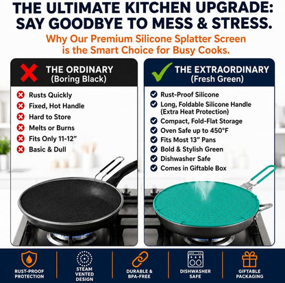 Silicone Splatter Screen for Frying Pan, 13” Navy – Grease & Oil Splatter Guard, Heat Resistant, Dishwasher Safe, Foldable Handle with Sleeves – Splash Guard Fits 10–12” Pans, Most 13” Skillets