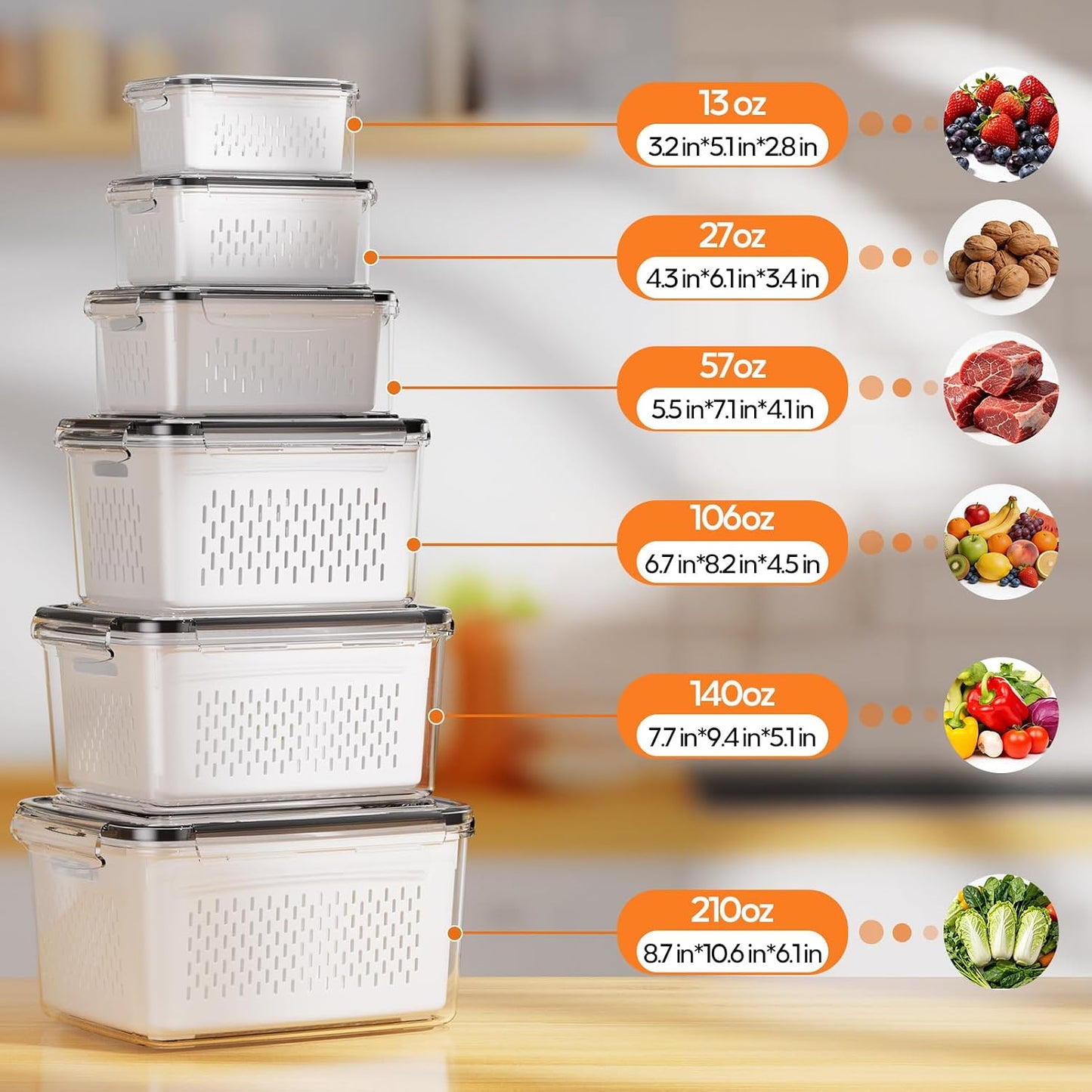 JSCARES Fruit Storage Containers for Fridge with Removable Colander, 6 Pack | Plastic Produce Saver for Refrigerator, Fruit Organizers Keep Berry Veggie Fresh Longer, Dishwasher Safe, Largest 6.55 Quart