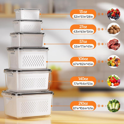 JSCARES Fruit Storage Containers for Fridge with Removable Colander, 6 Pack | Plastic Produce Saver for Refrigerator, Fruit Organizers Keep Berry Veggie Fresh Longer, Dishwasher Safe, Largest 6.55 Quart