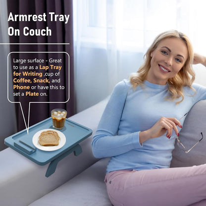 Couch Arm Tray,Bamboo Sofa Clip on Side Table,Foldable Couch Armrest Table with 360°Rotating Phone Holder,Anti Slip Food Trays for Eating/Drinks/Snacks/Remotes 15.35" x 9.85"