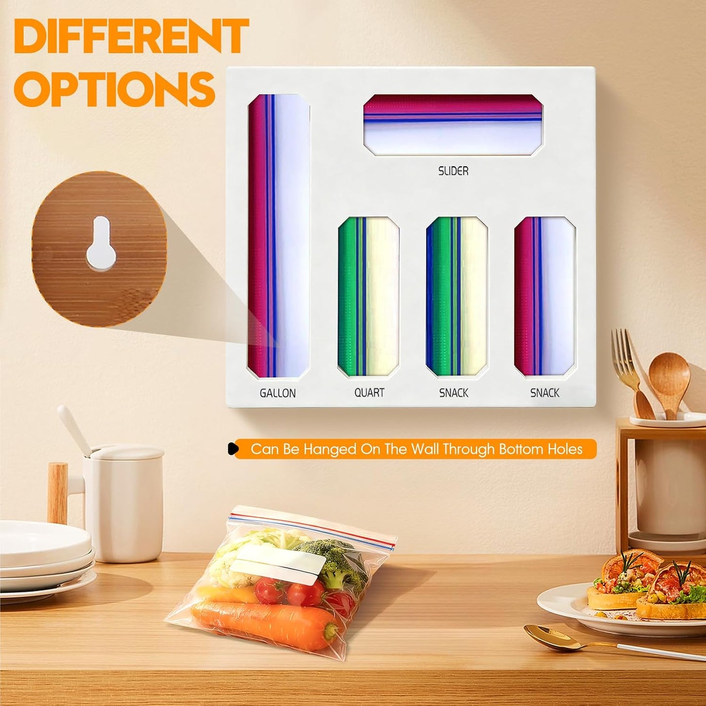 9 in 1 Foil and Plastic Wrap Dispenser with Cutter, Black Bamboo Ziplock Bag Organizer for Drawer - Holds Gallon, Quart Bags & Aluminum Foil/Wax Paper, Wall Mountable Kitchen Storage