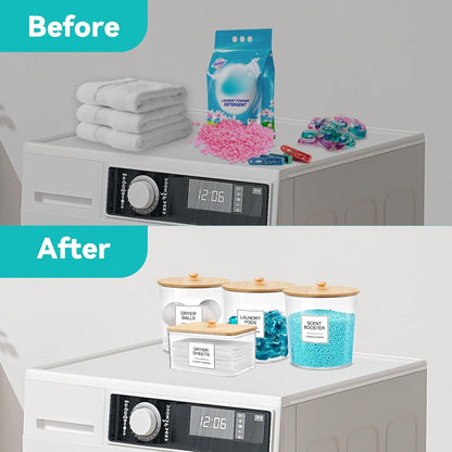 Laundry Pods Container & Dryer Sheet Holder, Laundry Room Organization and Storage Jars with Lids, Labels & Scoops for Powder Detergent Scent Booster, Black Lid