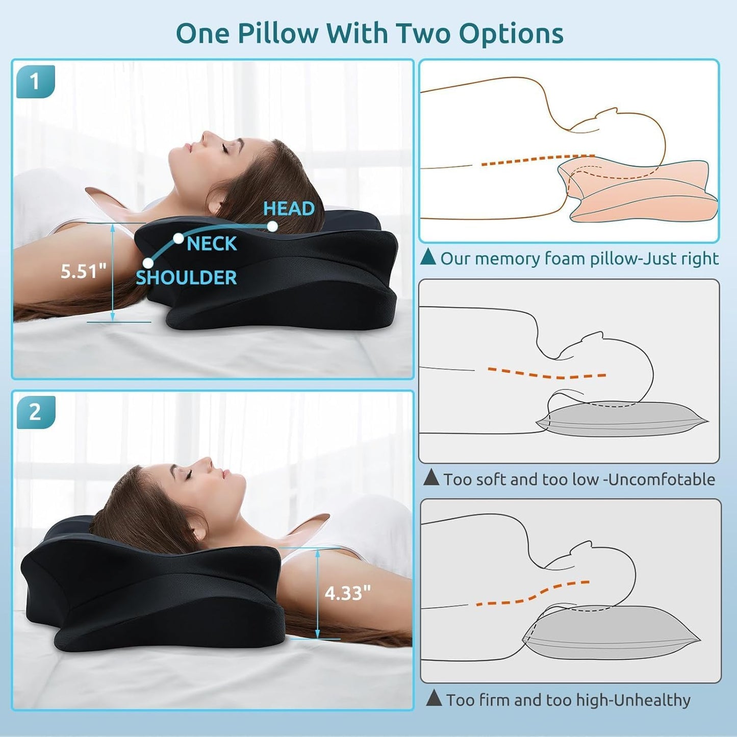 DONAMA Contour Cervical Neck Pillow for Neck Pain Relief | Queen,Ergonomic Dual-Height,Odorless Memory Foam,Side/Back/Stomach Sleepers,Cooling Hypoallergenic Cover,OEKO-TEX Certified