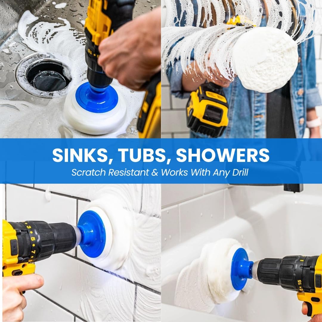 7 Pack Drill Brush Set for Deep Cleaning, Scratch Resistant, Bathroom, Oven, Countertops, Sinks, Soap Scum, Tile, Boats, Patio Furniture & More | 6 reusable non-scratch white nylon pads for showers, tubs, tile, grout, sinks and counters; fits drills and
