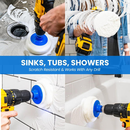 7 Pack Drill Brush Set for Deep Cleaning, Scratch Resistant, Bathroom, Oven, Countertops, Sinks, Soap Scum, Tile, Boats, Patio Furniture & More | 6 reusable non-scratch white nylon pads for showers, tubs, tile, grout, sinks and counters; fits drills and