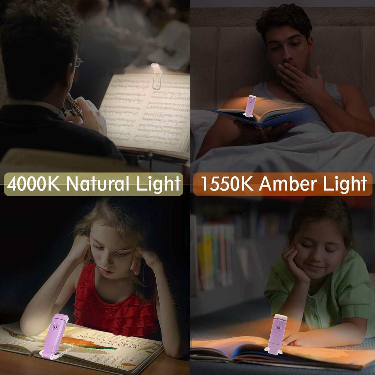 BIGLIGHT Amber Book Reading Light, LED Clip on Book Lights, Reading Lights for Books in Bed, Small Book Light for Kids, USB Rechargeable, 2 Brightness Adjustable for Eye Protection, Orange