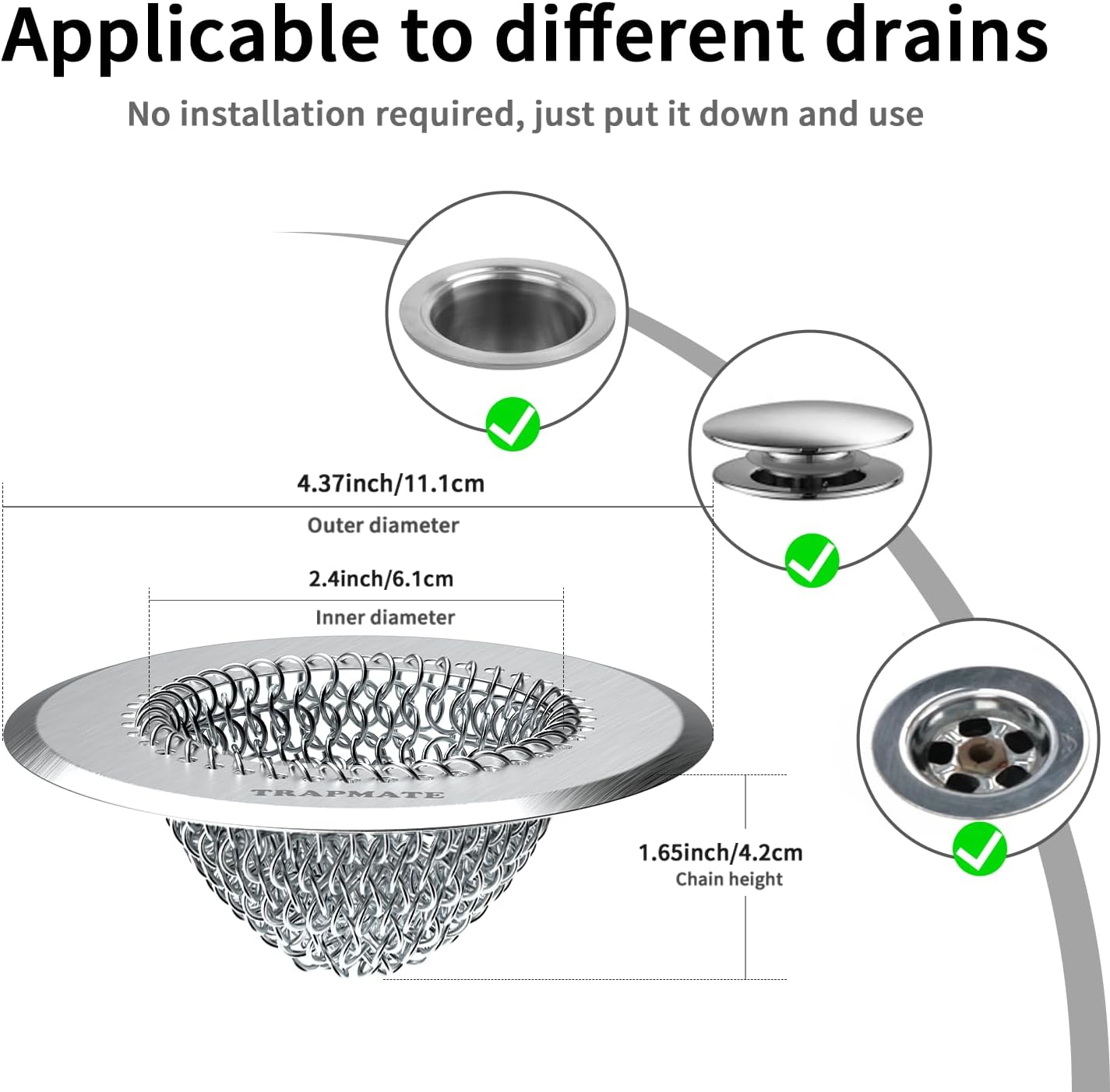 TRAPMATE Shower Drain Hair Catcher, 4.4" Anti-Clogging Bathtub Drain Cover | Easy Flip Cleaning, Traps Hair with Fast Drainage, Anti-Slip Drain Protector Fits Regular & Pop-up Drains (Patented Product)