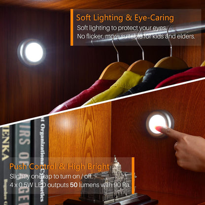 STAR-SPANGLED 2.8” LED Puck Lights Under Cabinet AAA Battery, 5 Pack White | Mini Touch Lamp Battery Operated Powered, DIY Strong Adhesive Stick on Push Tap Light for Kitchen, Closet, Pantry, Shelf