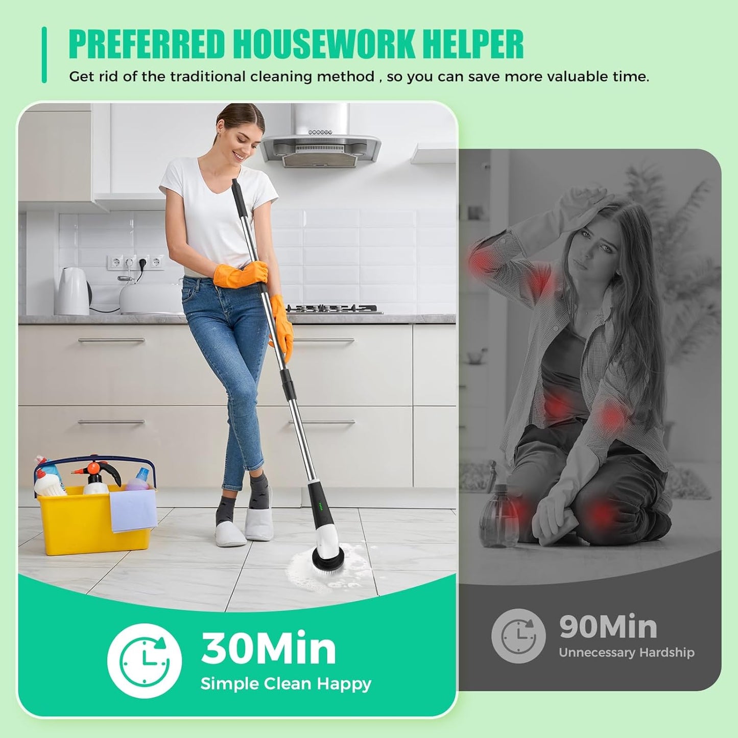 YKYI Electric Spin Scrubber, Cordless Power Cleaning Brush with Long Handle | 8 Brush Heads, 3 Handle Lengths, 2 Speeds, IPX7 Waterproof, 100-Minute Runtime for Tubs, Tile, Floors, Grout, Glass and Cars