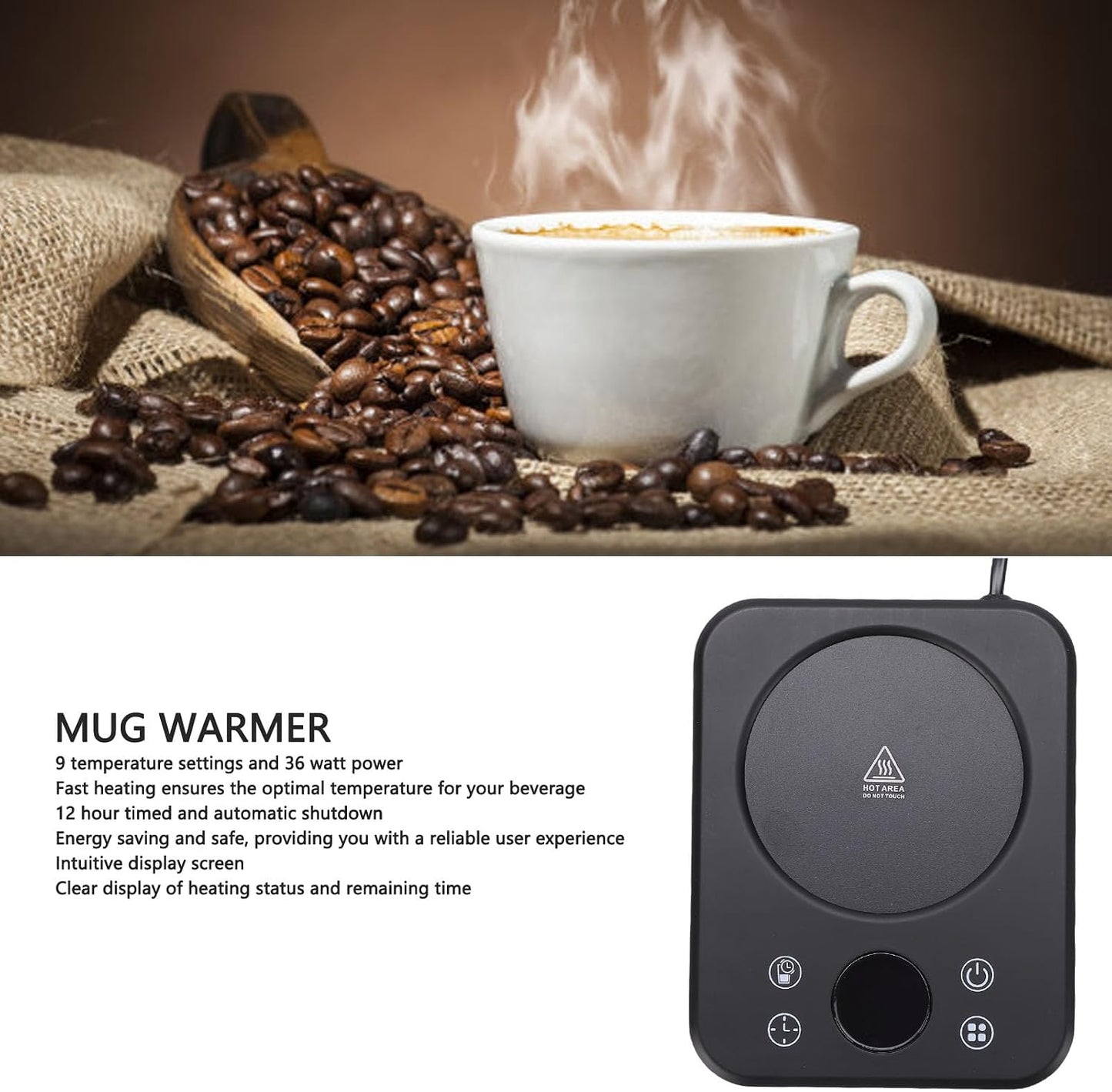 GOWENIC Electric Mug Warmer, Fast Heating12H Timer Auto Shut Off 9 Temperature Settings Cup Warmer Portable Heater with Display for Beverage Tea Water Milk (US Plug)