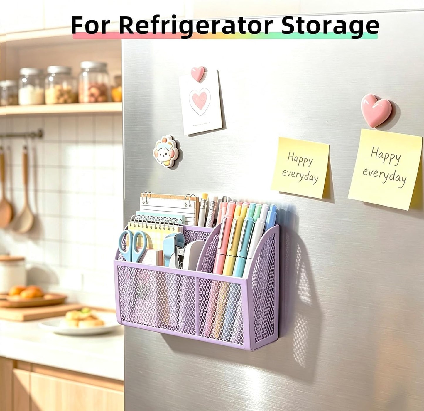 Magnetic Pencil Holder, Magnetic Organizer for Locker Accessories, Black | Mesh Marker Holder with Strong Magnets and 3 Compartments for Whiteboards Refrigerators and Magnetic Lockers
