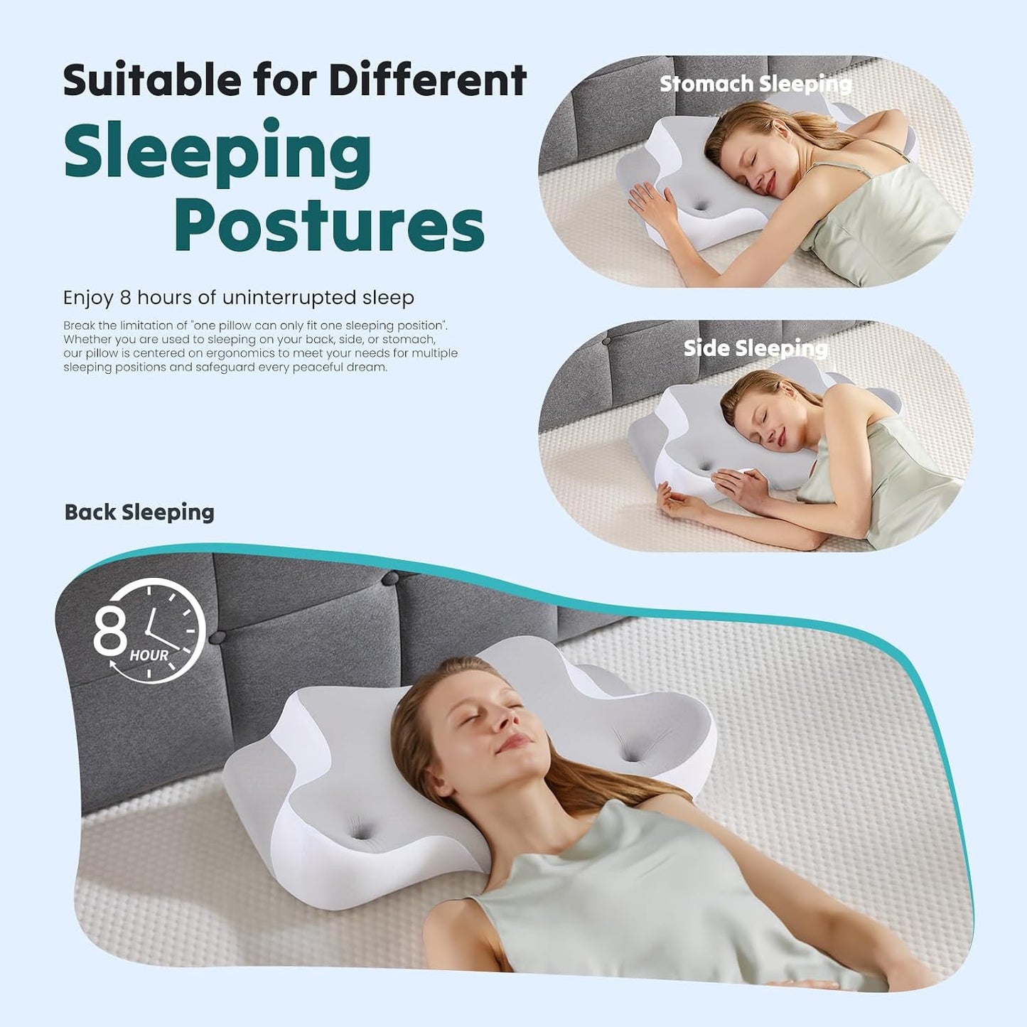 Sweetcrispy Cervical Pillow for Neck Pain, Ergonomic Contour Memory Foam Pillow with Detachable Roll Support, Cooling Breathable Cover for Side Back Stomach Sleepers